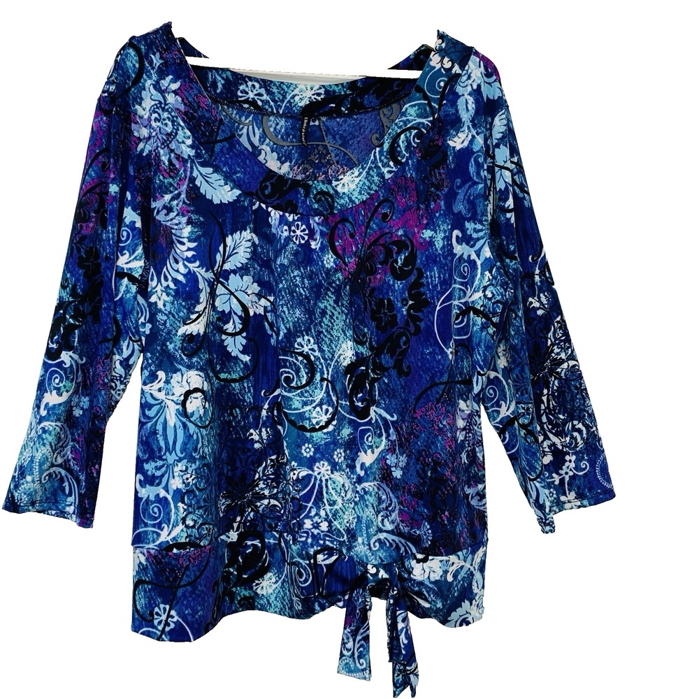Bleeker McDougal  Blue Floral Scoop Neck Top Woman 2X  Stretch Casual Travel USA